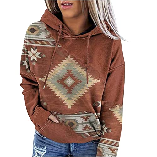 Ceboyel Women Western Aztec Hoodies Drawstring Sweatshirt Pullover Ethnic Vintage Graphic Shirts Tops Causal Fall Clothes sweatshirts for Women Trendy Coffee L