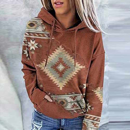 Ceboyel Women Western Aztec Hoodies Drawstring Sweatshirt Pullover Ethnic Vintage Graphic Shirts Tops Causal Fall Clothes sweatshirts for Women Trendy Coffee L