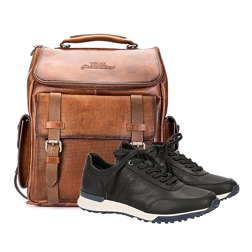 VELEZ 10.5 Mens Black Business Casual Sneakers + Full Grain Leather Backpack for Men Tan Designer Bookbag Business Casual Shoulder Bag