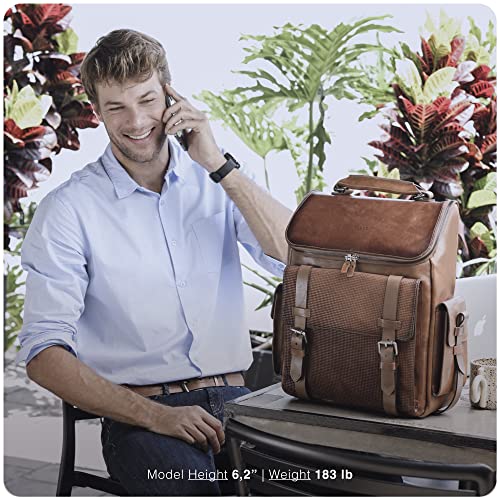 VELEZ 12 Mens Brown Business Casual Sneakers + Full Grain Leather Backpack for Men Tan Designer Bookbag Business Casual Shoulder Bag