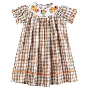 lil cactus light brown gingham pumpkin turkey smocked bishop dress, brown turkey, 3-6 months