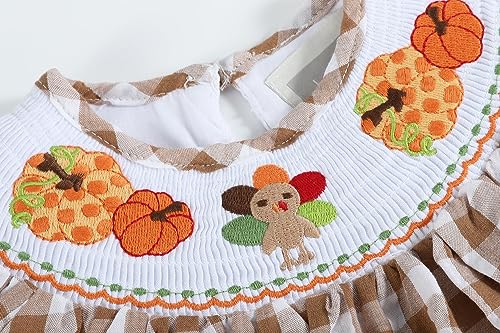 Lil cactus Light Brown Gingham Pumpkin Turkey Smocked Bishop Dress, Brown Turkey, 3-6 Months