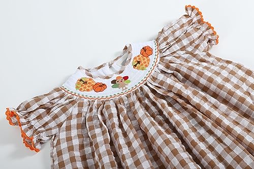 Lil cactus Light Brown Gingham Pumpkin Turkey Smocked Bishop Dress, Brown Turkey, 3-6 Months