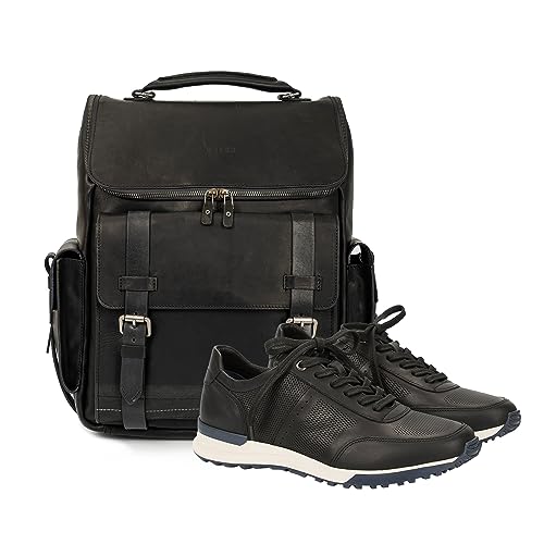 VELEZ 10.5 Mens Business Casual Sneakers + Top Grain Leather Backpack for Men Black Designer Bookbag Business Casual Shoulder Bag