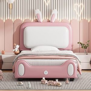 cjlmn upholstered rabbit shaped princess bed pink platform bed, twin size wood bed frame with bunny ears headboard and bunny tail footboard, kids bedroom furniture fun cute rabbit bed
