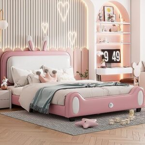 yswh full size upholstered rabbit shaped princess bed, wood platform bed frame with bunny ears headboard and bunny tail footboard, kids bedroom furniture fun cute rabbit bed pink bed