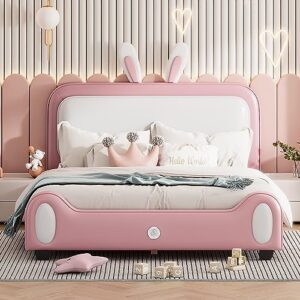 cjlmn upholstered rabbit shaped princess bed pink platform bed, full size wood bed frame with bunny ears headboard and bunny tail footboard, kids bedroom furniture fun cute rabbit bed