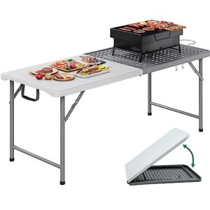 yitahome 6ft metal folding table for grill portable 2-in-1 design folding grill table with mesh desktop for camping cooking bbq picnic, white