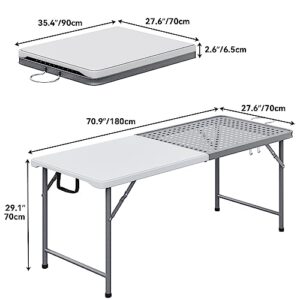 YITAHOME 6Ft Metal Folding Table for Grill Portable 2-in-1 Design Folding Grill Table with Mesh Desktop for Camping Cooking BBQ Picnic, White