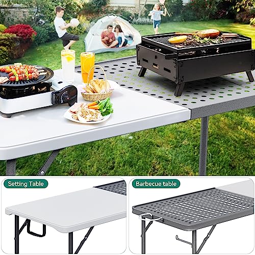 YITAHOME 6Ft Metal Folding Table for Grill Portable 2-in-1 Design Folding Grill Table with Mesh Desktop for Camping Cooking BBQ Picnic, White