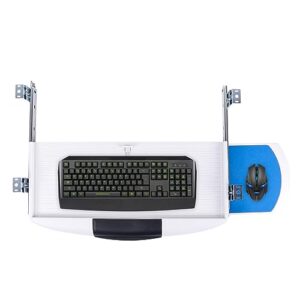 keyboard drawer tray under desk w/rotatable mouse platform steel smooth sliders, white & blue