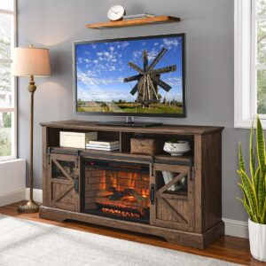60'' electric fireplace tv stand, media console table for tvs up to 70 inches, farmhouse entertainment center with door sensor, 27.2 inch fireplace insert, sliding barn door, brown