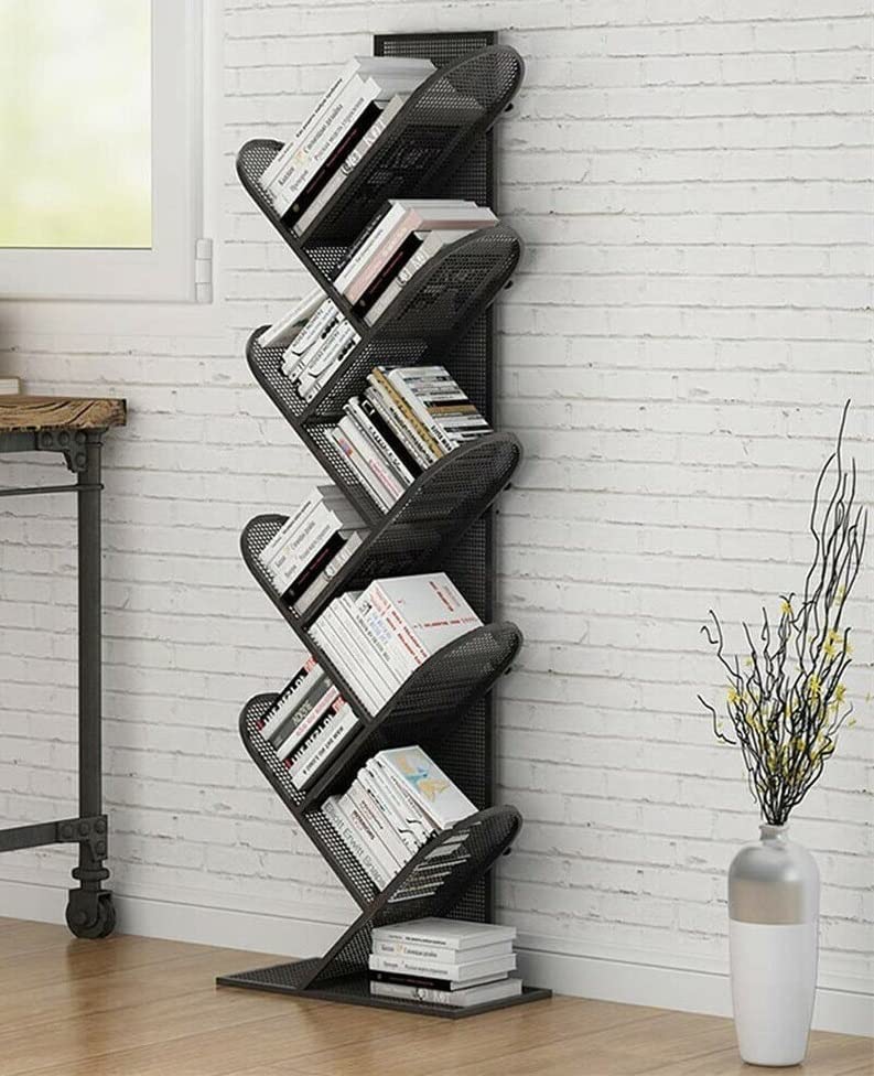 Tall Bookcase Storage Shelf Organizer Bookcase Organizer,Black Metal 9 Tier Corner Bookshelf Tree Bookcase CD Rack Display Large Storage for Bedroom, Living Room