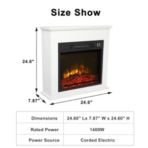 25 Inch 1400W Electric Fireplace Mantel Stove Heater, Portable Freestanding Space Heater with Overheating Safety Protection, Remote Control and Realistic Flames for Indoor & Outdoor（White）