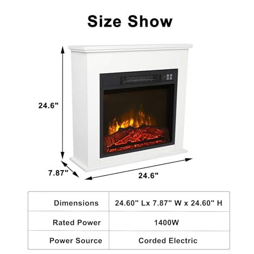 25 Inch 1400W Electric Fireplace Mantel Stove Heater, Portable Freestanding Space Heater with Overheating Safety Protection, Remote Control and Realistic Flames for Indoor & Outdoor（White）