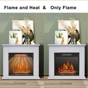 25 Inch 1400W Electric Fireplace Mantel Stove Heater, Portable Freestanding Space Heater with Overheating Safety Protection, Remote Control and Realistic Flames for Indoor & Outdoor（White）