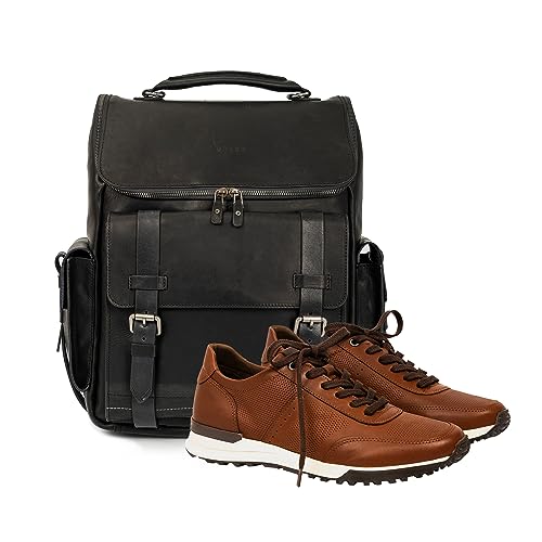 VELEZ 9 Brown Mens Business Casual Sneakers + Top Grain Leather Backpack for Men Black Designer Bookbag Business Casual Shoulder Bag