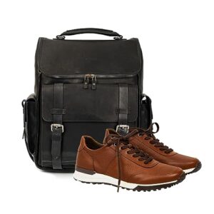 VELEZ 11 Brown Mens Business Casual Sneakers + Top Grain Leather Backpack for Men Black Designer Bookbag Business Casual Shoulder Bag