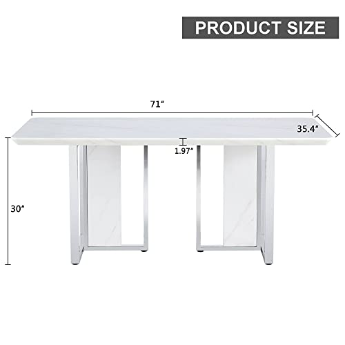 Goderfuu White Marble Dining Table for 8 People - 71 inch Modern Kitchen Dining Room Table with Silver Base, Faux Marble Dining Table Pedestal Table Dinner Table, Large Marble Table for Dining Room