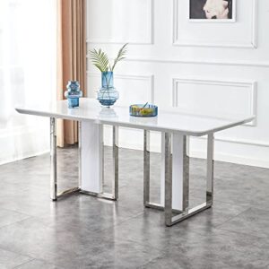 goderfuu white marble dining table for 8 people - 71 inch modern kitchen dining room table with silver base, faux marble dining table pedestal table dinner table, large marble table for dining room