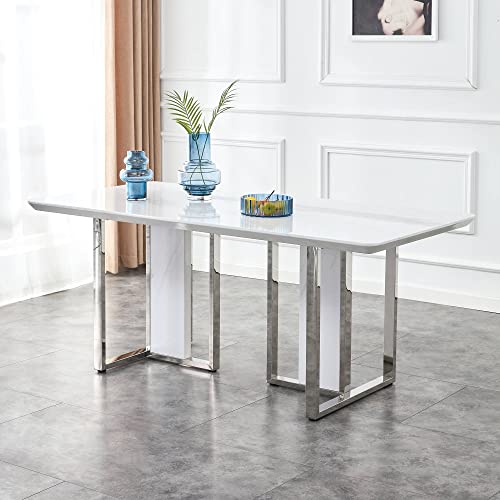 Goderfuu White Marble Dining Table for 8 People - 71 inch Modern Kitchen Dining Room Table with Silver Base, Faux Marble Dining Table Pedestal Table Dinner Table, Large Marble Table for Dining Room