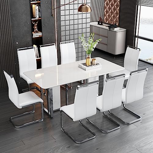 Goderfuu White Marble Dining Table for 8 People - 71 inch Modern Kitchen Dining Room Table with Silver Base, Faux Marble Dining Table Pedestal Table Dinner Table, Large Marble Table for Dining Room