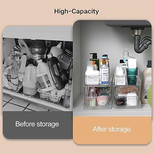 Frogued Multi-functional Storage Rack 2 Tier Clear Plastic Heavy Duty Large Capacity Bathroom Kitchen Countertop Under Sink Sliding