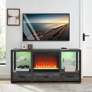 topcity 60" fireplace tv stand for up to 70" tv farmhouse entertainment center with 24" electric fireplace media console cabinet with led light for living room (gray)