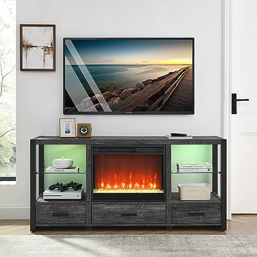 TopCity 60" Fireplace TV Stand for Up to 70" TV Farmhouse Entertainment Center with 24" Electric Fireplace Media Console Cabinet with LED Light for Living Room (Gray)