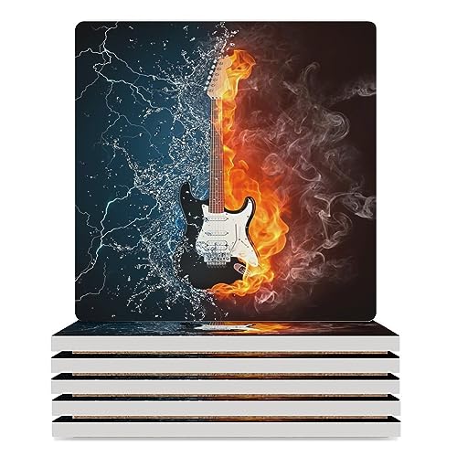 Electric Guitar in Fire and Water Square Ceramic Coasters for Drink Absorbent Coffee Cup Cork Holders Table Modern Decorative