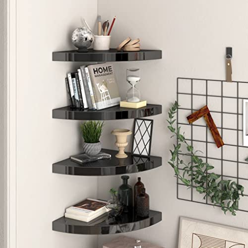 DYRJDJWIDHW Floating Corner Shelves 4 pcs Bookshelf for Bedroom,Shelves,Wood Bookcase,Suitable for Bedroom, Office, Living Room, Study,High Gloss Black 13.8"x13.8"x1.5" MDF