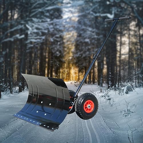 WeiLaiKeQi Wheeled Snow Pusher Snow Plow Multi Angle Winter Snow Pusher Rolling Removal Tool for Clearing Pavement Sidewalk Walkways Driveway, Wheels 74x42cm