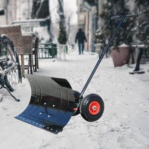 WeiLaiKeQi Wheeled Snow Pusher Snow Plow Multi Angle Winter Snow Pusher Rolling Removal Tool for Clearing Pavement Sidewalk Walkways Driveway, Wheels 74x42cm