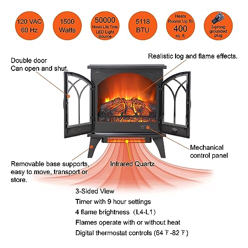 23.7 Inch 3D Infrared Electric Stove Heater, Free-Standing Infrared Fireplace, LED Light Source, 1500W, 5018BTU, Overheating Protection, Remote, Timer, Black, BOJATU