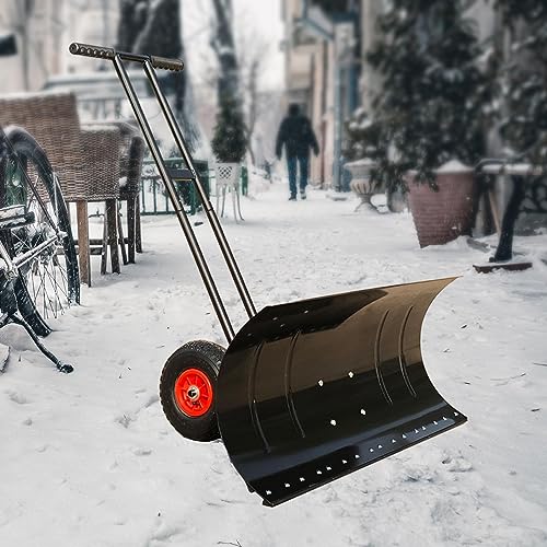 figatia Wheeled Snow, Pusher Rolling Removal Tool, Sleigh Household,Metal Portable Snow Plow, Winter Snow Pusher for Clearing Walkways, Double Pole 74x42cm