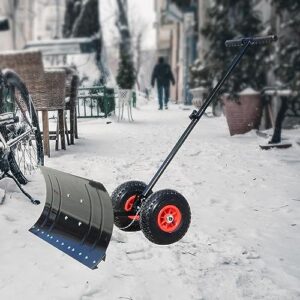 Fonowx Wheeled Snow Pusher, Rolling Removal Tool Outdoor Snow Pushing Heavy Duty Winter Snow Pusher Snow Plow for Pavement, Deck Sidewalk Car, Wheels 74x35cm