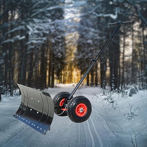 Fonowx Wheeled Snow Pusher, Rolling Removal Tool Outdoor Snow Pushing Heavy Duty Winter Snow Pusher Snow Plow for Pavement, Deck Sidewalk Car, Wheels 74x35cm