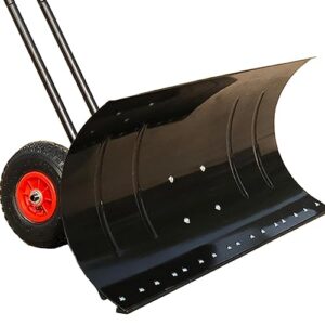 Fonowx Wheeled Snow Pusher, Rolling Removal Tool Outdoor Snow Pushing Heavy Duty Winter Snow Pusher Snow Plow for Pavement, Deck Sidewalk Car, Double Pole 74x42cm