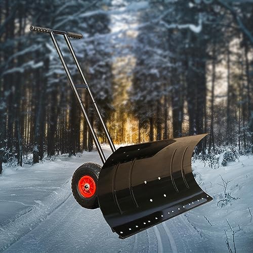 Fonowx Wheeled Snow Pusher, Rolling Removal Tool Outdoor Snow Pushing Heavy Duty Winter Snow Pusher Snow Plow for Pavement, Deck Sidewalk Car, Double Pole 74x42cm