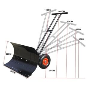 Fonowx Wheeled Snow Pusher, Rolling Removal Tool Outdoor Snow Pushing Heavy Duty Winter Snow Pusher Snow Plow for Pavement, Deck Sidewalk Car, Double Pole 74x42cm