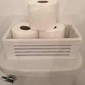 2 Pack White Bathroom Decor Box for Toilet Paper Storage - Wood Toilet Tank Basket Topper - Perfect Back of Toilet Storage Basket, Lined with Soft Linen Fabric - Ideal Countertop Sink Organizer