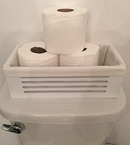 2 Pack White Bathroom Decor Box for Toilet Paper Storage - Wood Toilet Tank Basket Topper - Perfect Back of Toilet Storage Basket, Lined with Soft Linen Fabric - Ideal Countertop Sink Organizer