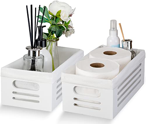 2 Pack White Bathroom Decor Box for Toilet Paper Storage - Wood Toilet Tank Basket Topper - Perfect Back of Toilet Storage Basket, Lined with Soft Linen Fabric - Ideal Countertop Sink Organizer