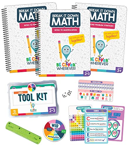 Be Clever Wherever Grade 3 Math Kit, 2nd & 3rd Grade Math Tool Kit, Word Problem Strategies, Intro To Multiplication, and Intro to Fractions Math Reference Books (14 Pc)