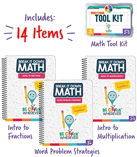 Be Clever Wherever Grade 3 Math Kit, 2nd & 3rd Grade Math Tool Kit, Word Problem Strategies, Intro To Multiplication, and Intro to Fractions Math Reference Books (14 Pc)