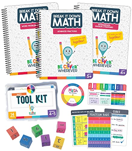 Be Clever Wherever Grade 5 Math Kit, 4th & 5th Grade Math Tool Kit, Word Problem Strategies, Intermediate Division Strategies, and Advanced Fractions Math Reference Books (17 Pc)