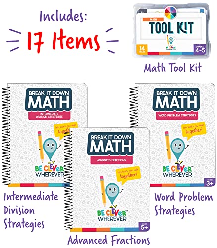 Be Clever Wherever Grade 5 Math Kit, 4th & 5th Grade Math Tool Kit, Word Problem Strategies, Intermediate Division Strategies, and Advanced Fractions Math Reference Books (17 Pc)