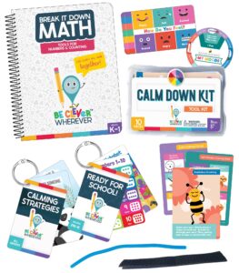 be clever wherever 43-piece preschool kit, preschool learning calm down corner tool kit supplies, numbers & counting preschool math book, and calming corner strategies & ready for school flash cards