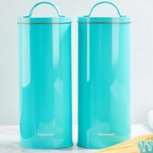 cookie tins with lids empty airtight seal metal canister treat container home baked goods tall round shape snack holder kitchen counter pantry organization storage 60 oz brown sugar keeper turquoise