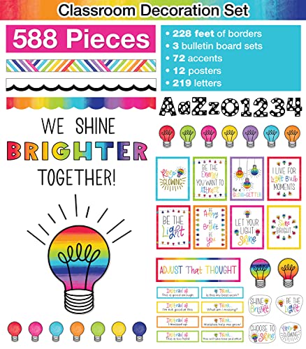 Schoolgirl Style Light Bulb Moments Classroom Decor Bundle, Classroom Calendar, Growth Mindset Bulletin Board Sets, Bulletin Board Border, Cutouts, Nameplates, Motivational Poster Pack (588 pc)